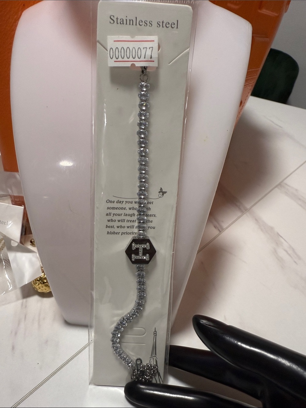 Stainless Steel Rhinestone Bracelet with Hex Charm - Silver